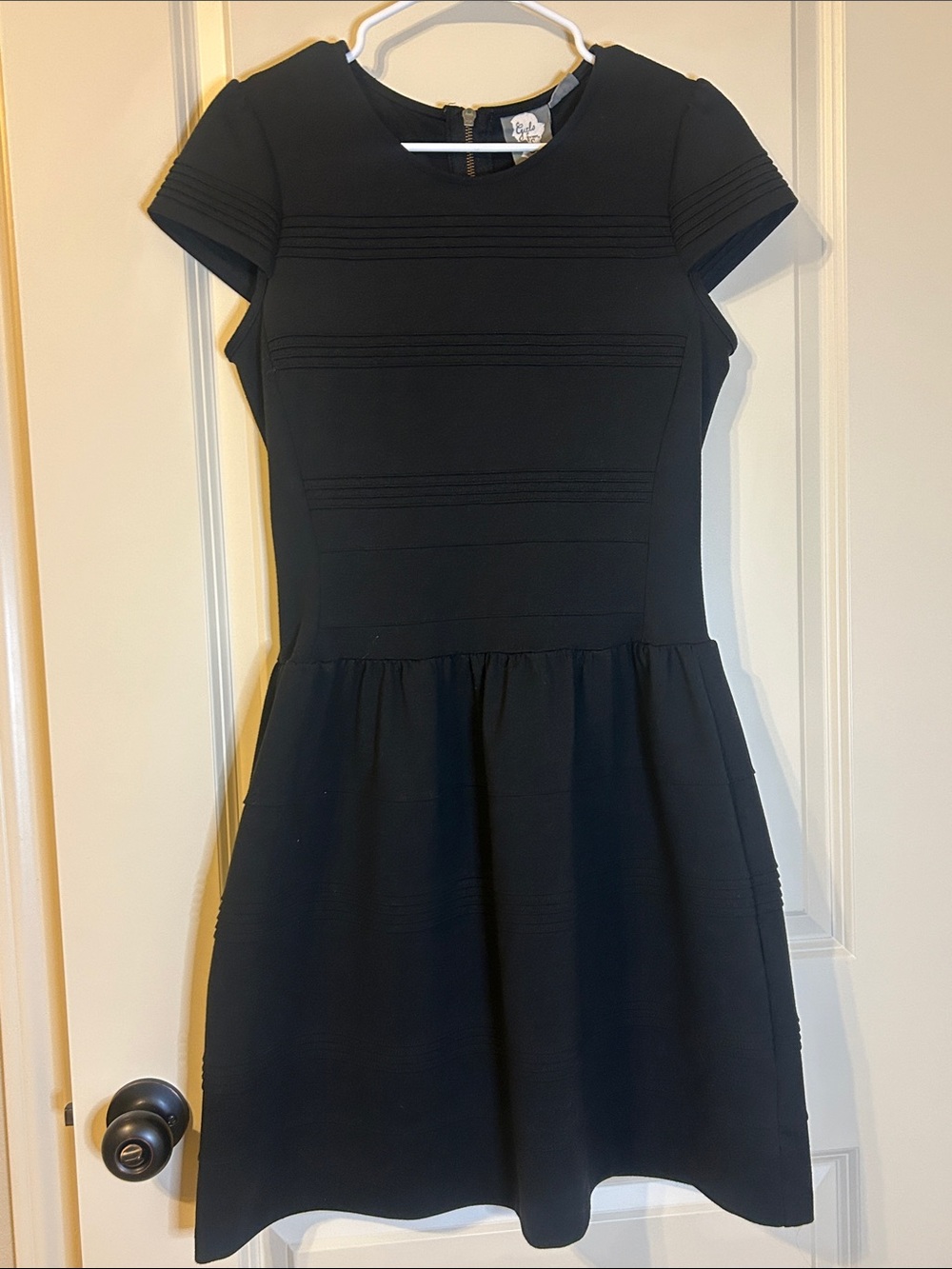 Women's Black Short-Sleeve Midi Dress with Textured Bodice (Anthropologie)